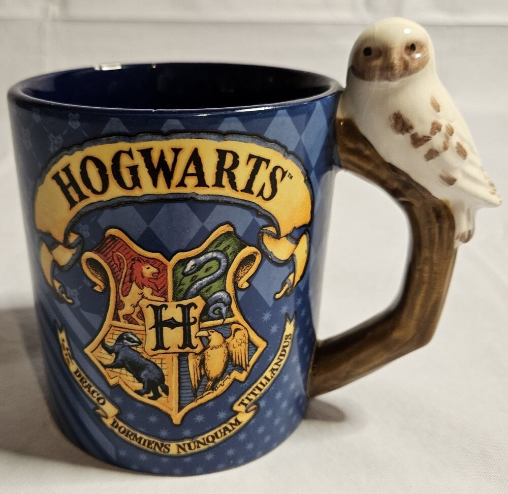Harry Potter Hogwarts Crest 20oz Mug Hedwig Owl Handle Silver Buffalo Ceramic